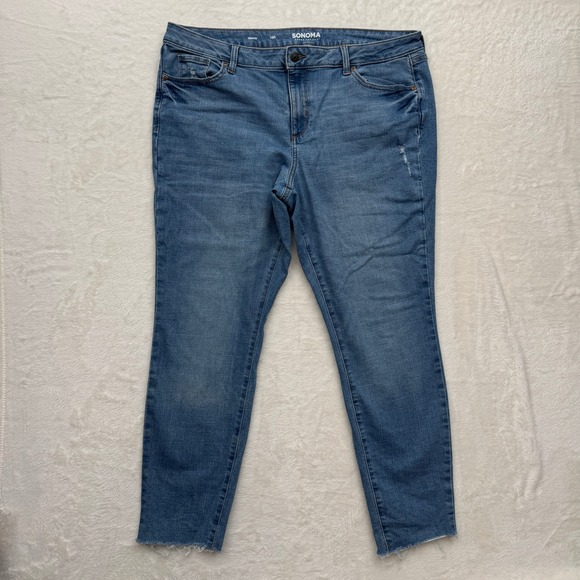 Sonoma Goods For Life Denim - Sonoma Skinny Jeans Womens 18R Blue Medium Wash Raw Hem Distressed Stretch Denim